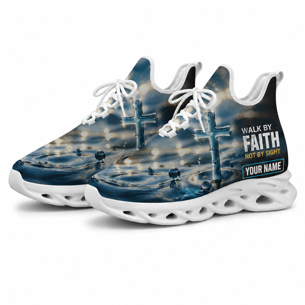 Lifestyle presentation of the white-soled faith scripture running shoes on a wooden table, emphasizing the custom name personalization panel