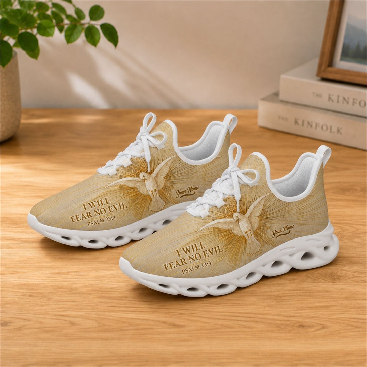 Lifestyle view of white-soled faith sneakers on a wood surface, displaying custom name zones and holy dove