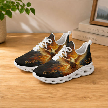 Lifestyle view of white-soled faith sneakers on a wooden table, displaying custom name zones and fiery wings