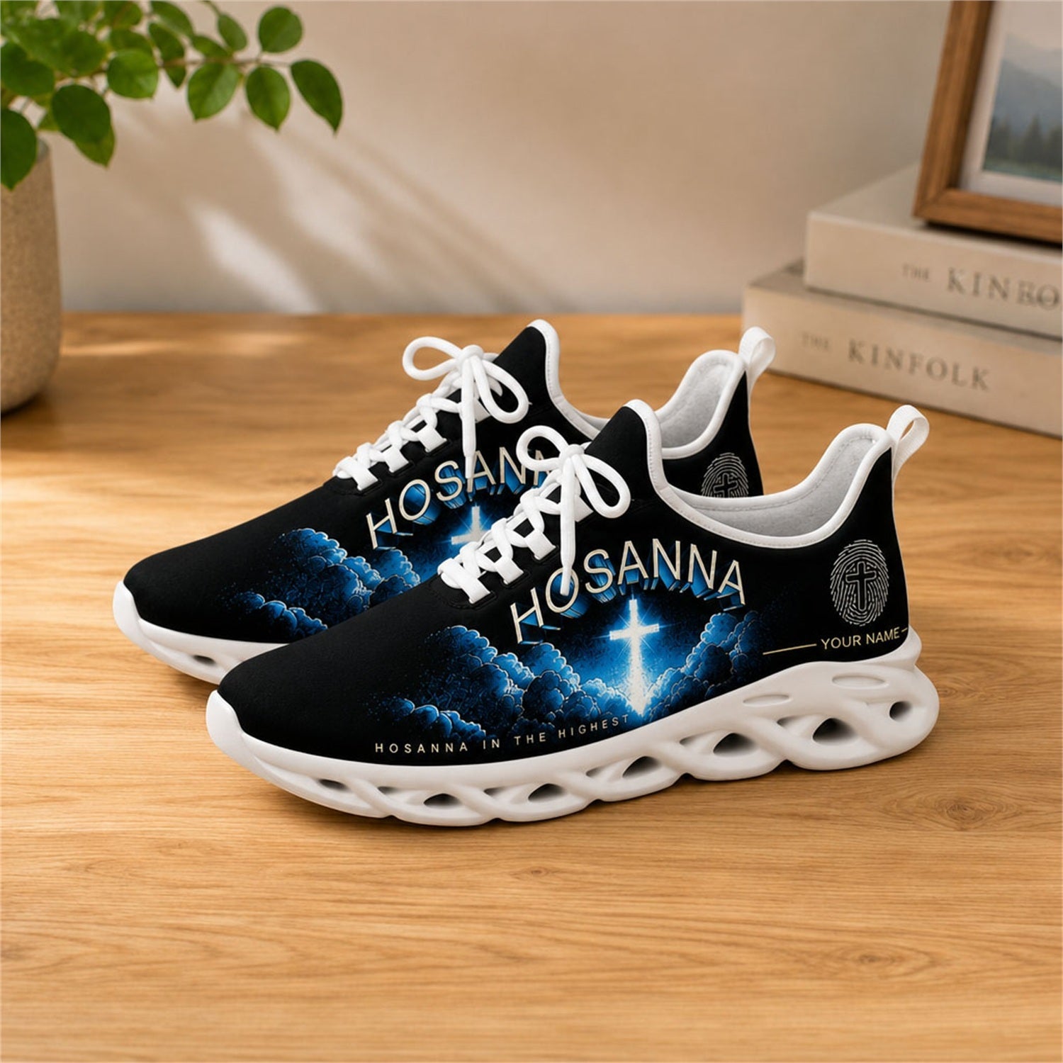 Lifestyle view of white-soled faith scripture sneakers on wood, displaying the personalized name zone