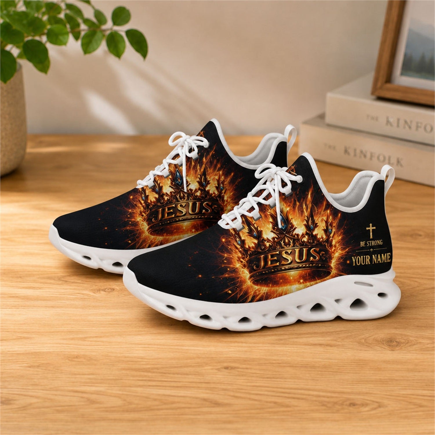 Lifestyle view of white-soled faith scripture sneakers on wood, displaying the personalized name zone