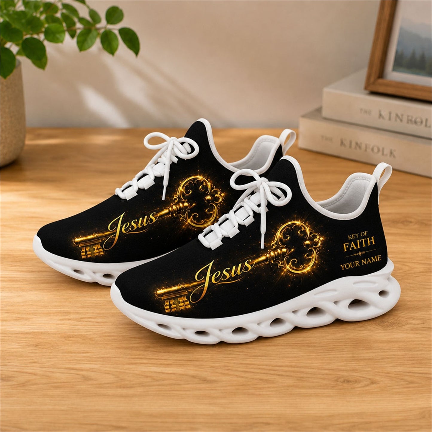 Lifestyle view of white-soled faith sneakers on a wooden surface, showcasing the golden key and custom name