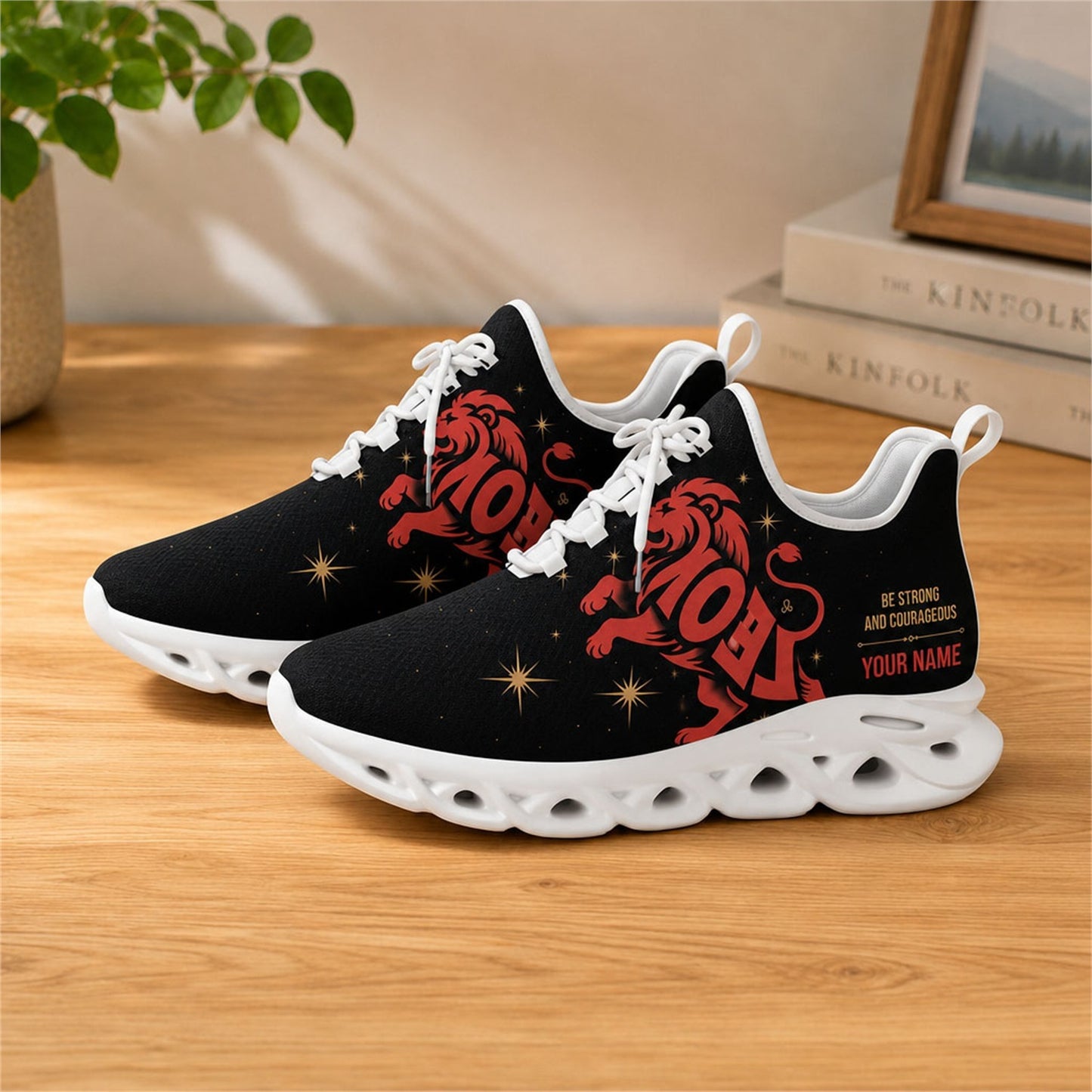Lifestyle view of white-soled faith scripture sneakers on wood, displaying the personalized name zone