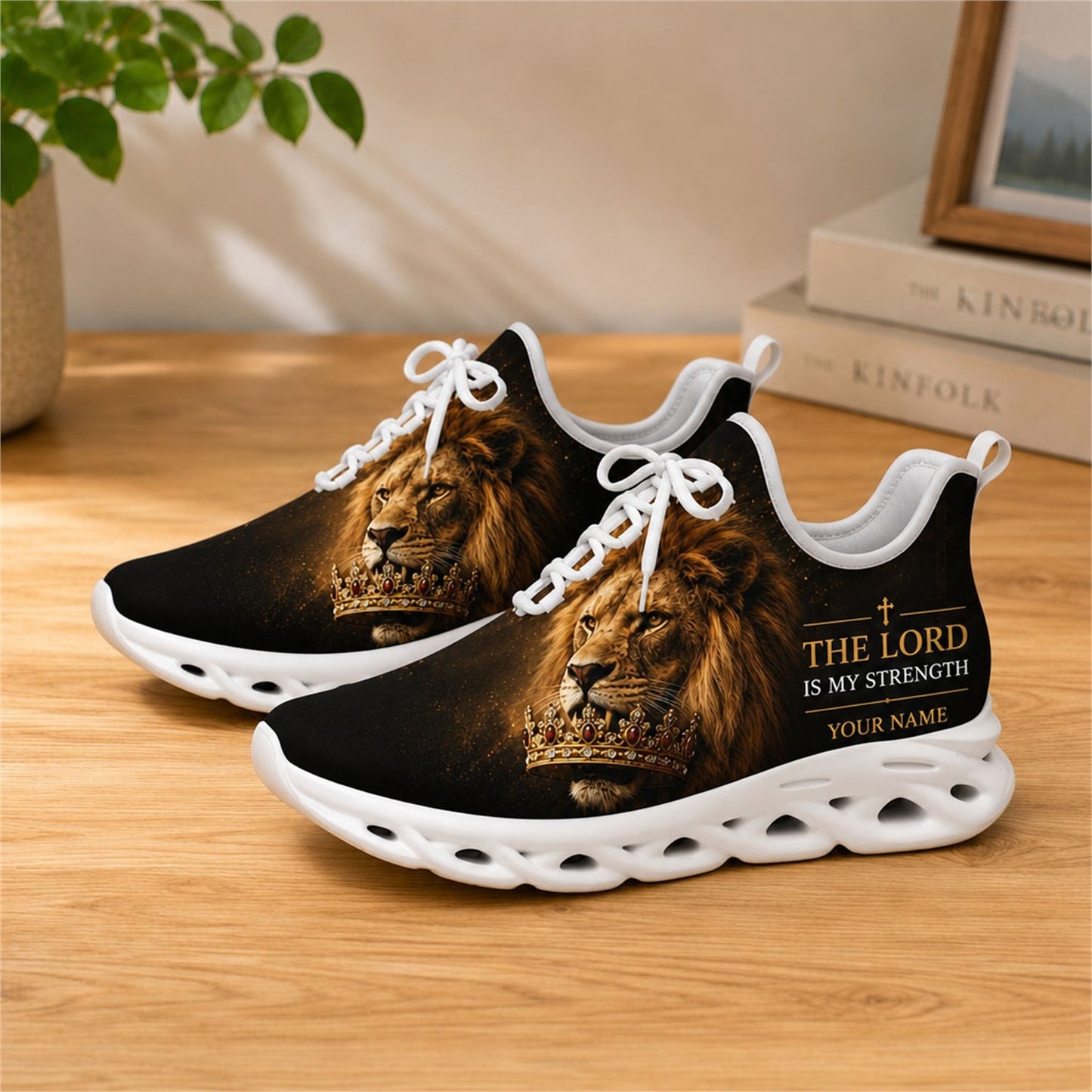 Lifestyle view of white-soled faith scripture sneakers on wood, displaying the custom name area