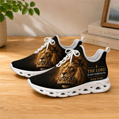 Lifestyle view of white-soled faith scripture sneakers on wood, displaying the custom name area