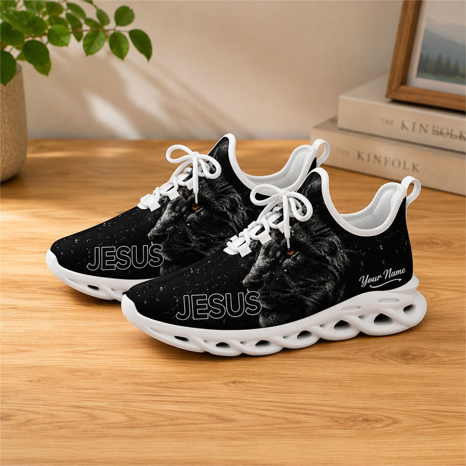 Lifestyle view of white-soled faith sneakers on wood displaying the personalized name zone and lion profile