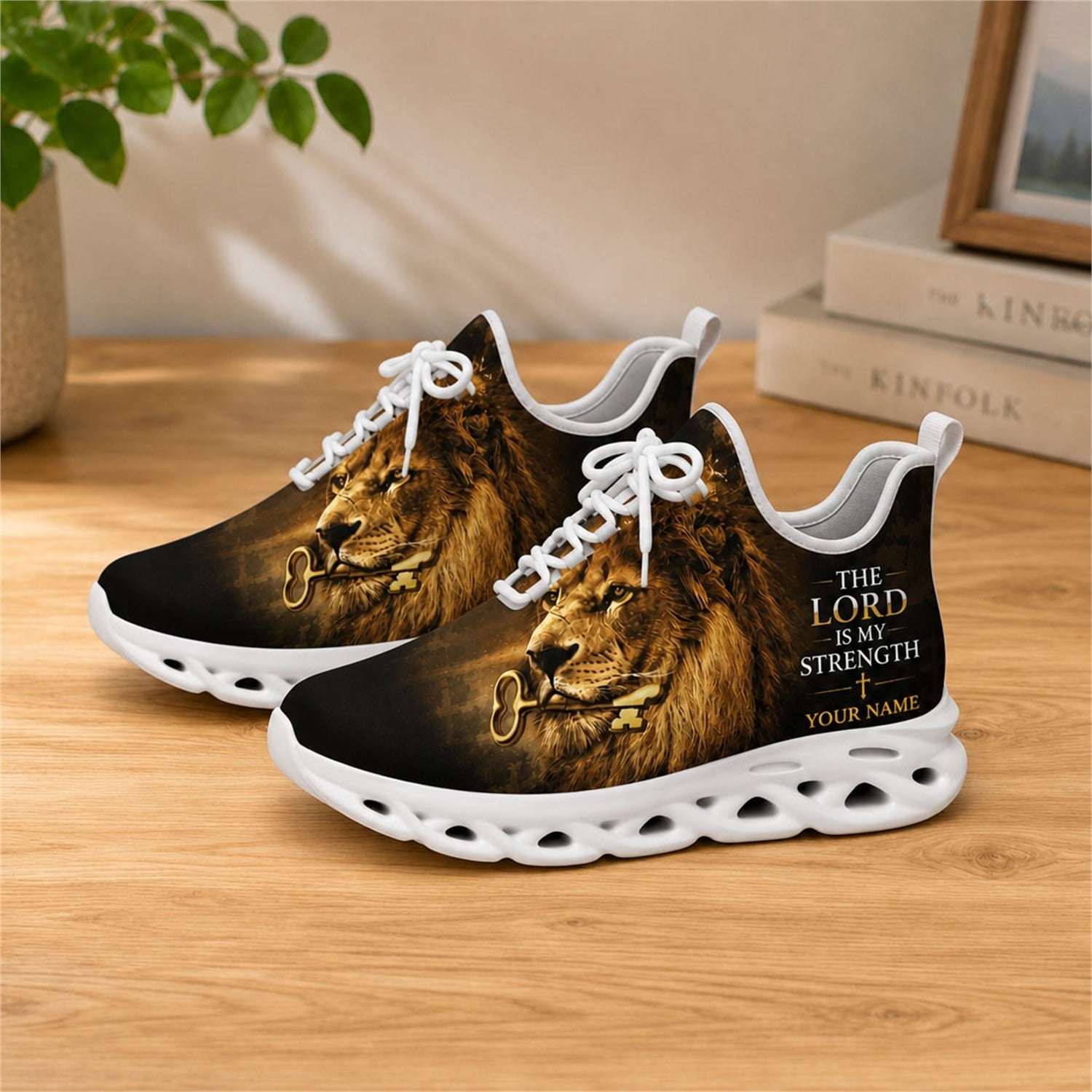 Lifestyle view of white-soled faith scripture sneakers on wood, displaying the custom name field