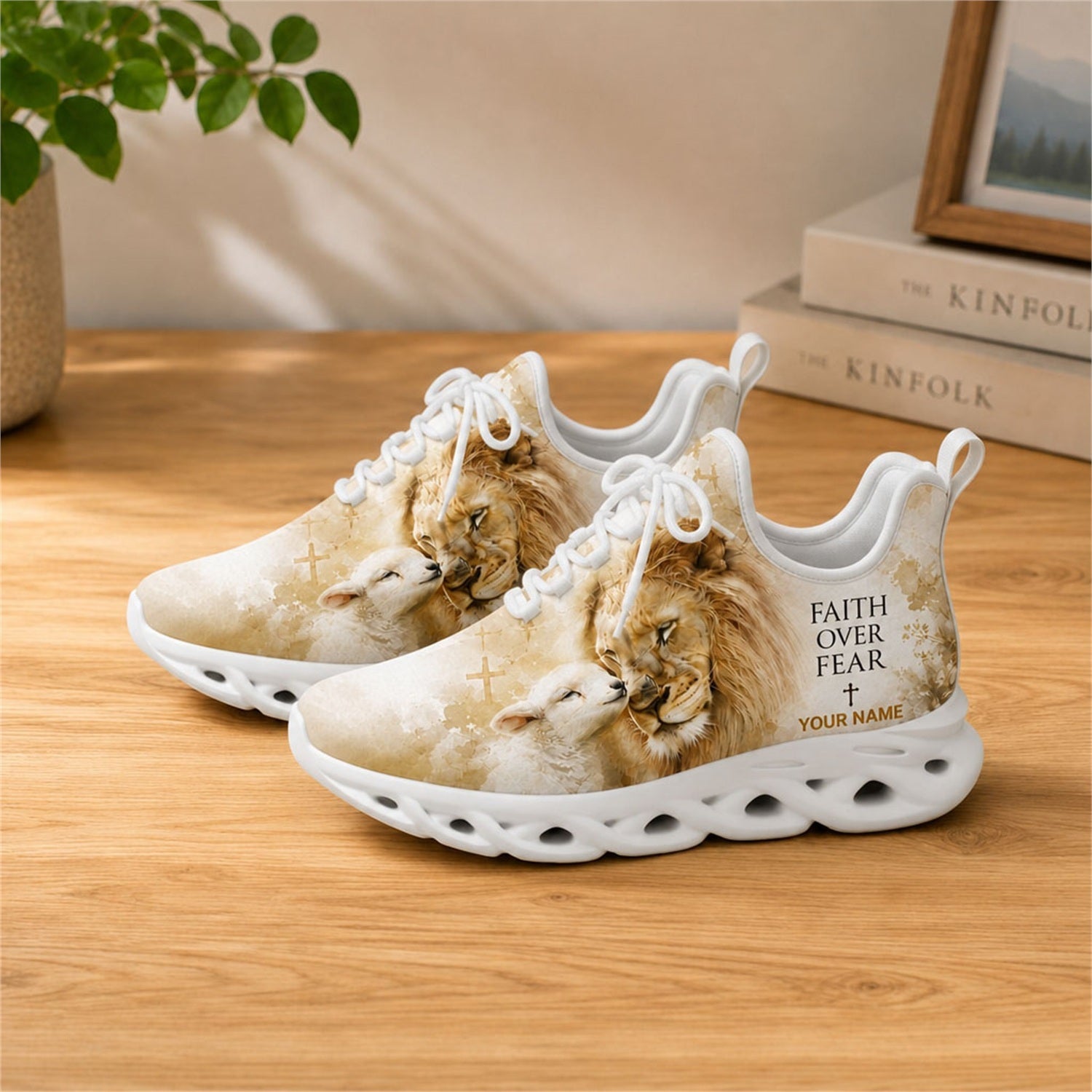 Lifestyle view of white-soled faith scripture sneakers on wood, showing the custom name field