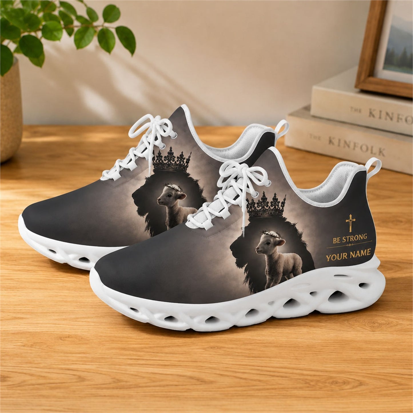 Lifestyle view of white-soled faith scripture sneakers on wood, displaying the personalized name zone