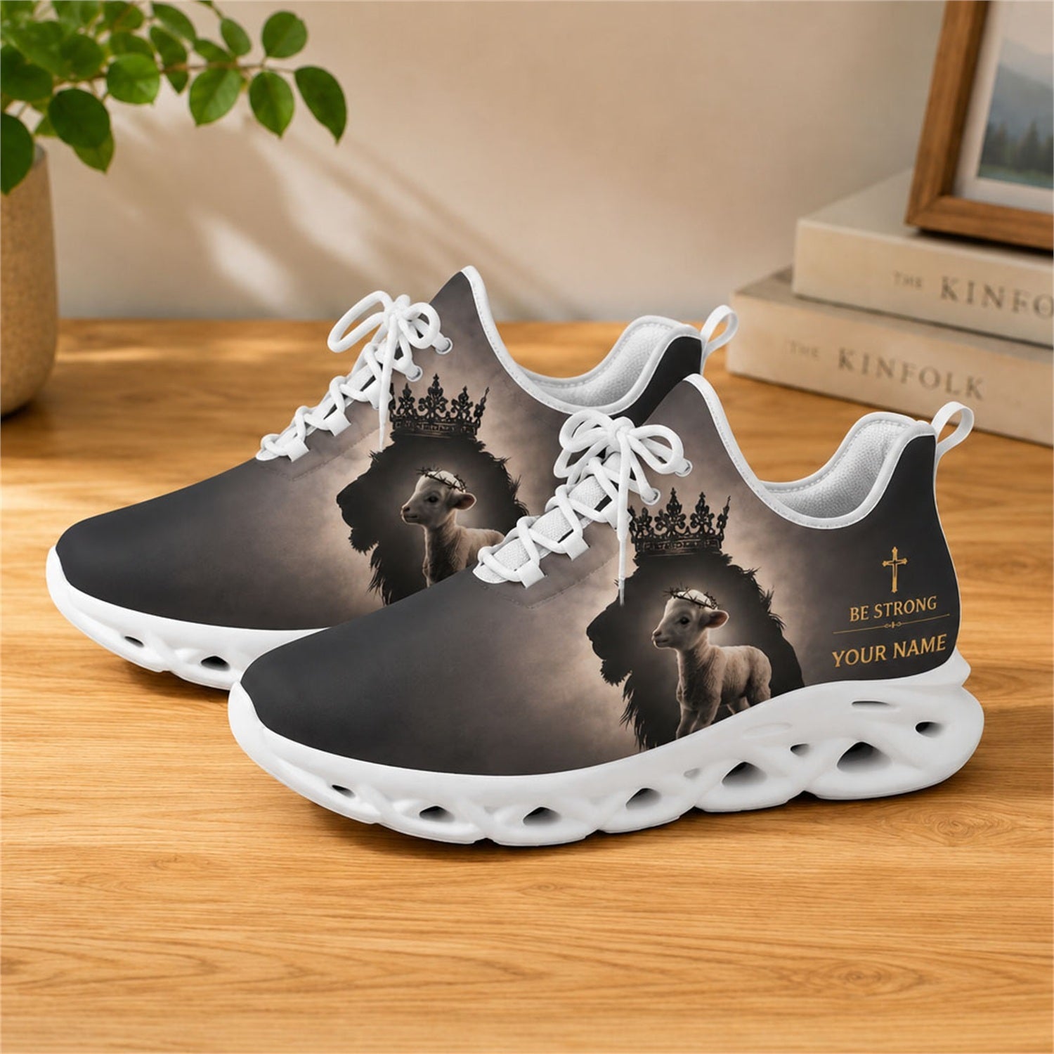 Lifestyle view of white-soled faith scripture sneakers on wood, displaying the personalized name zone