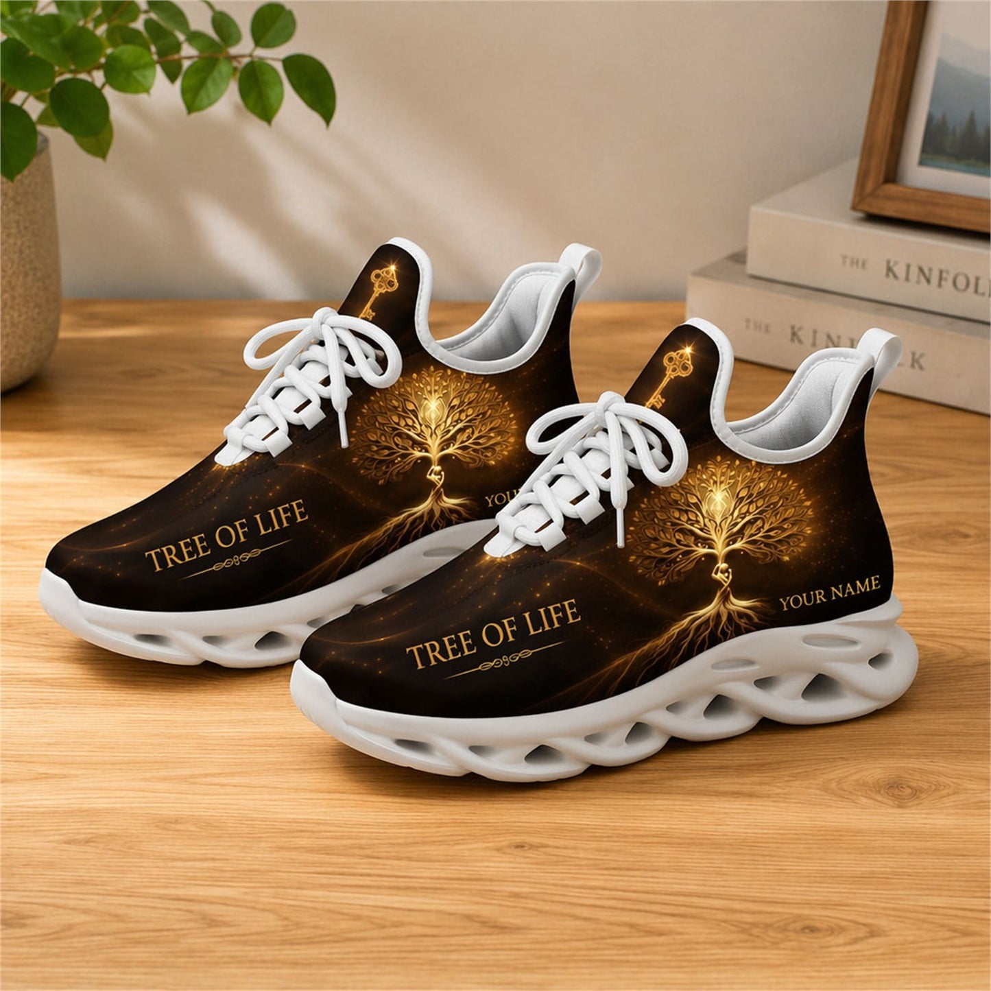 Lifestyle presentation of the white-soled faith scripture running shoes on a wooden surface, highlighting the custom name personalization zone