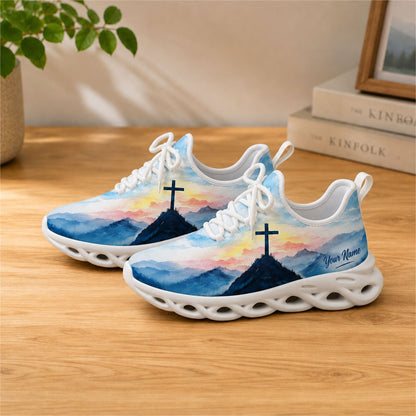 Lifestyle view of white-soled faith scripture sneakers on wood, displaying the personalized name zone