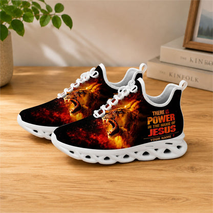 Lifestyle view of white-soled faith scripture sneakers on wood, displaying the personalized name zone