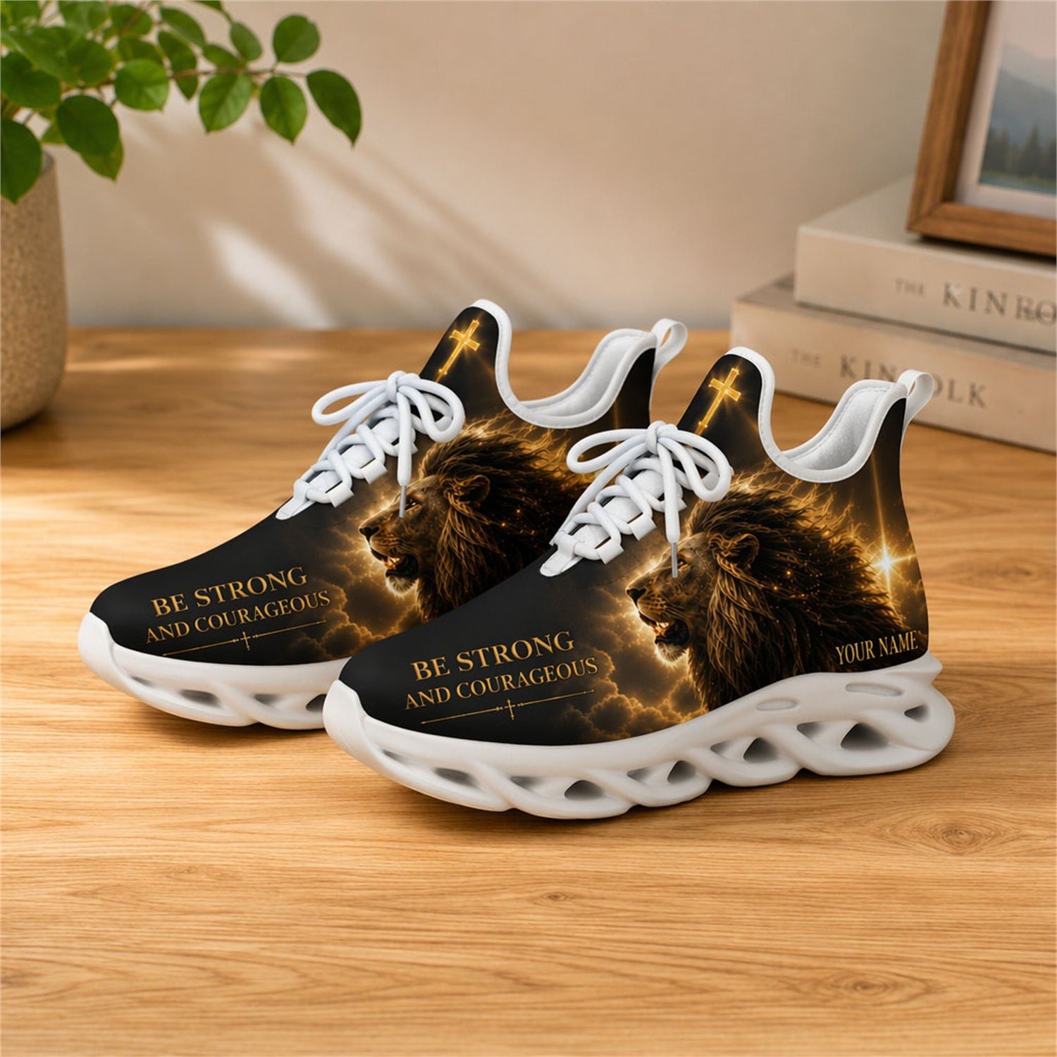 Lifestyle presentation of the white-soled faith scripture running shoes on a wooden surface, highlighting the custom name area
