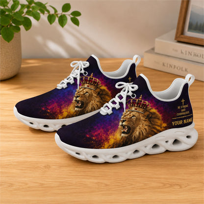 Lifestyle view of white-soled faith scripture sneakers on wood, displaying the personalized name zone