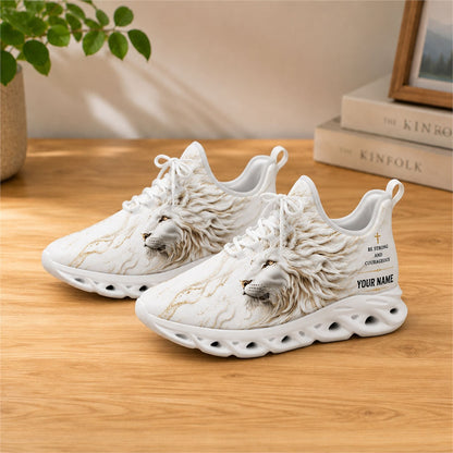 Lifestyle view of white-soled faith scripture sneakers on wood, displaying the personalized name zone