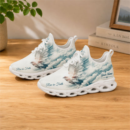 Lifestyle view of white-soled faith sneakers on a wooden surface, showcasing the white dove and custom name