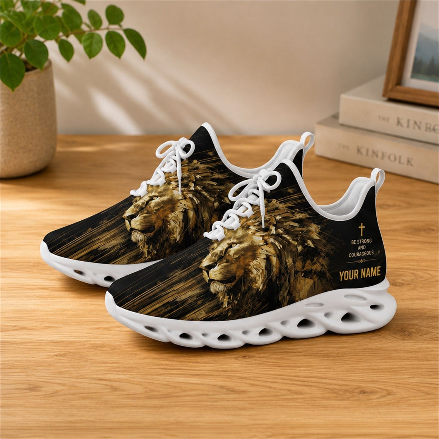 Lifestyle view of white-soled faith scripture sneakers on wood, displaying the personalized name zone