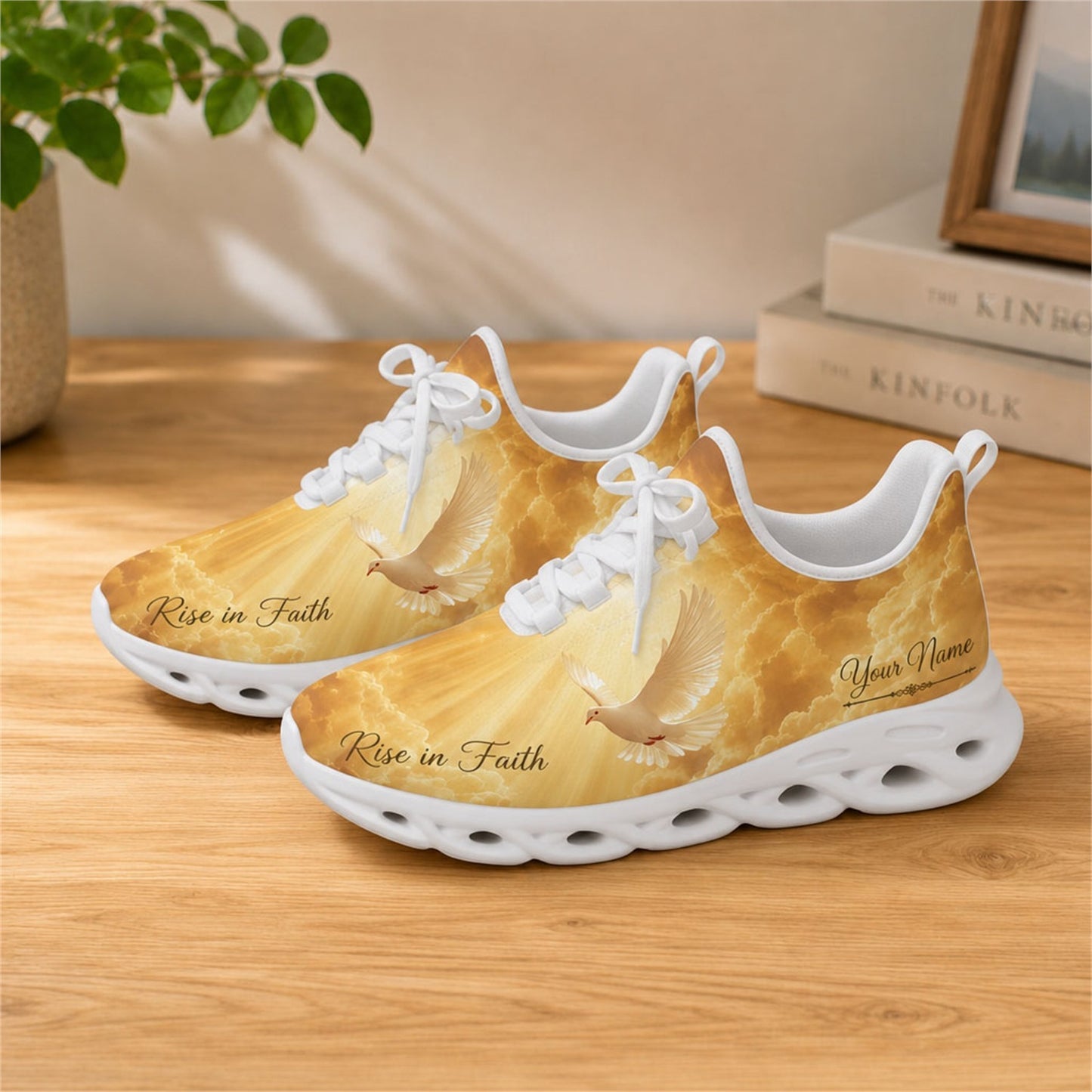 Lifestyle view of white-soled faith sneakers on a wooden surface, showcasing the dove in sunbeams and custom name
