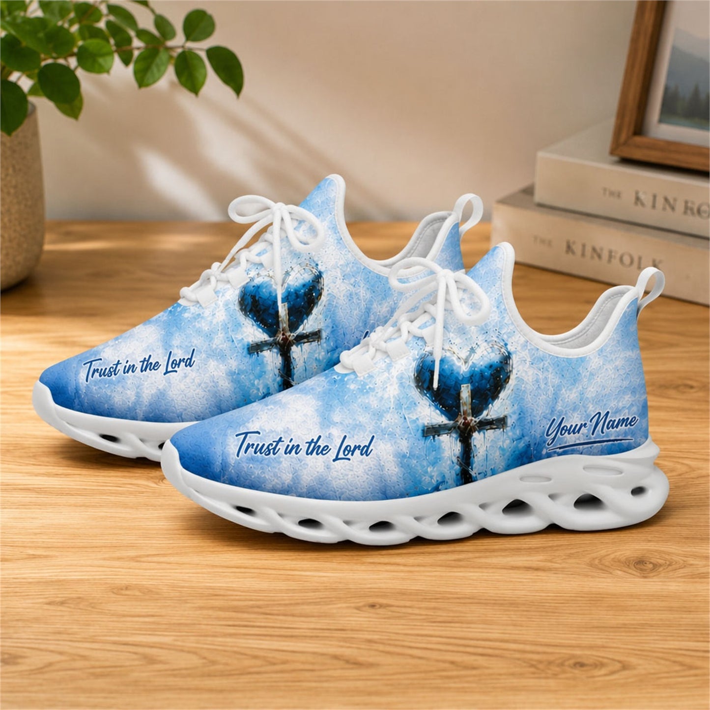 Lifestyle view of white-soled faith scripture sneakers on wood, displaying the beautiful sky blue texture