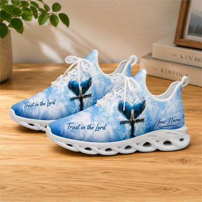 Lifestyle view of white-soled faith scripture sneakers on wood, displaying the beautiful sky blue texture