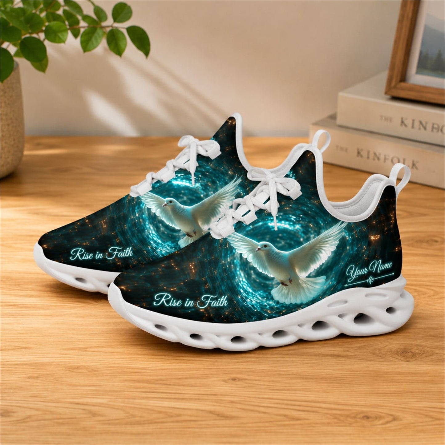 Lifestyle view of white-soled faith sneakers on a wooden surface, showcasing the cosmic dove and custom name