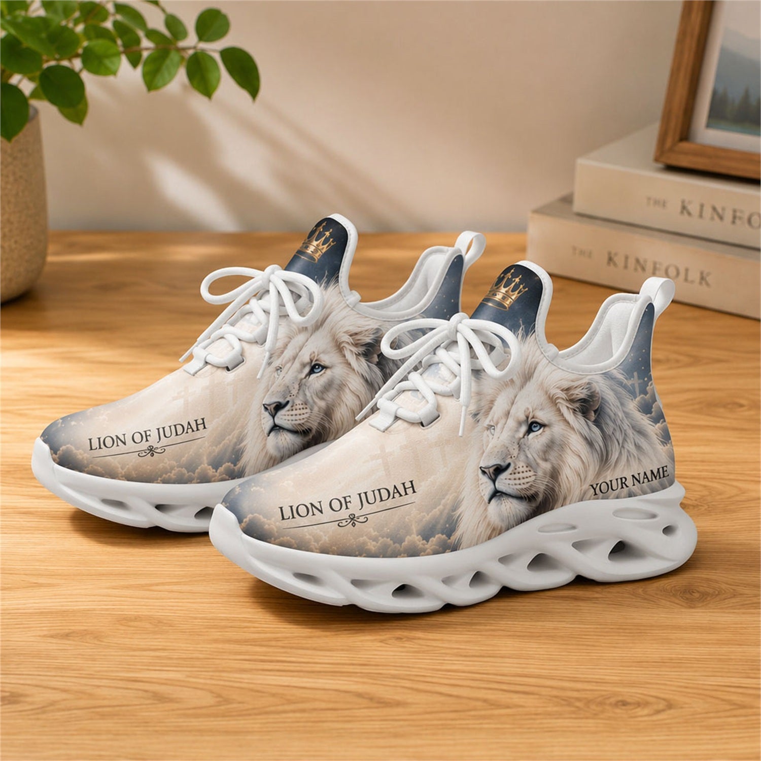 Lifestyle presentation of the white-soled faith scripture running shoes on a wooden surface, emphasizing the custom name personalization area