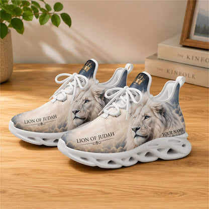 Lifestyle presentation of the white-soled faith scripture running shoes on a wooden surface, emphasizing the custom name personalization area