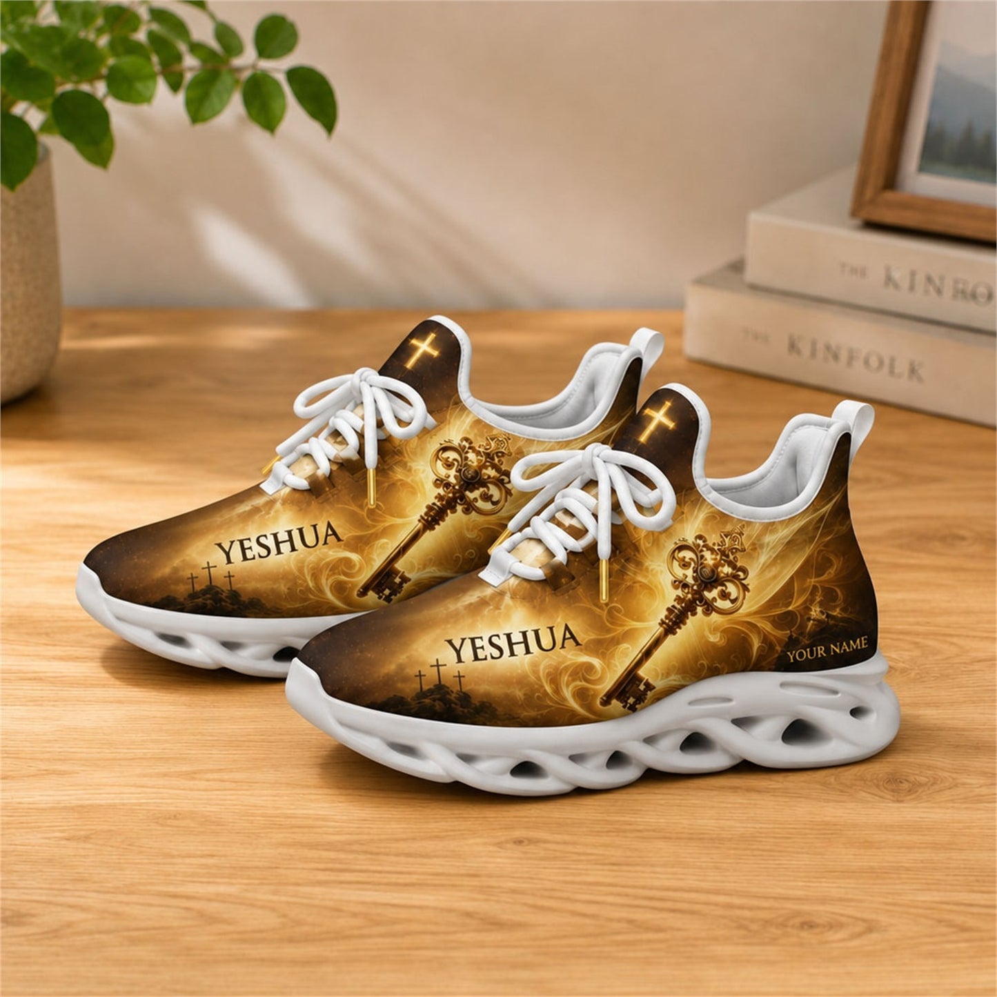Lifestyle view of white-soled faith scripture sneakers on wood, displaying the custom name field