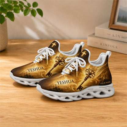 Lifestyle view of white-soled faith scripture sneakers on wood, displaying the custom name field