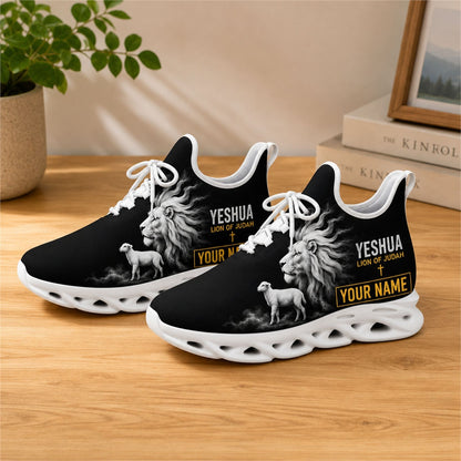 Lifestyle presentation of the white-soled faith scripture running shoes on a wooden table, emphasizing the custom name block and cross icon