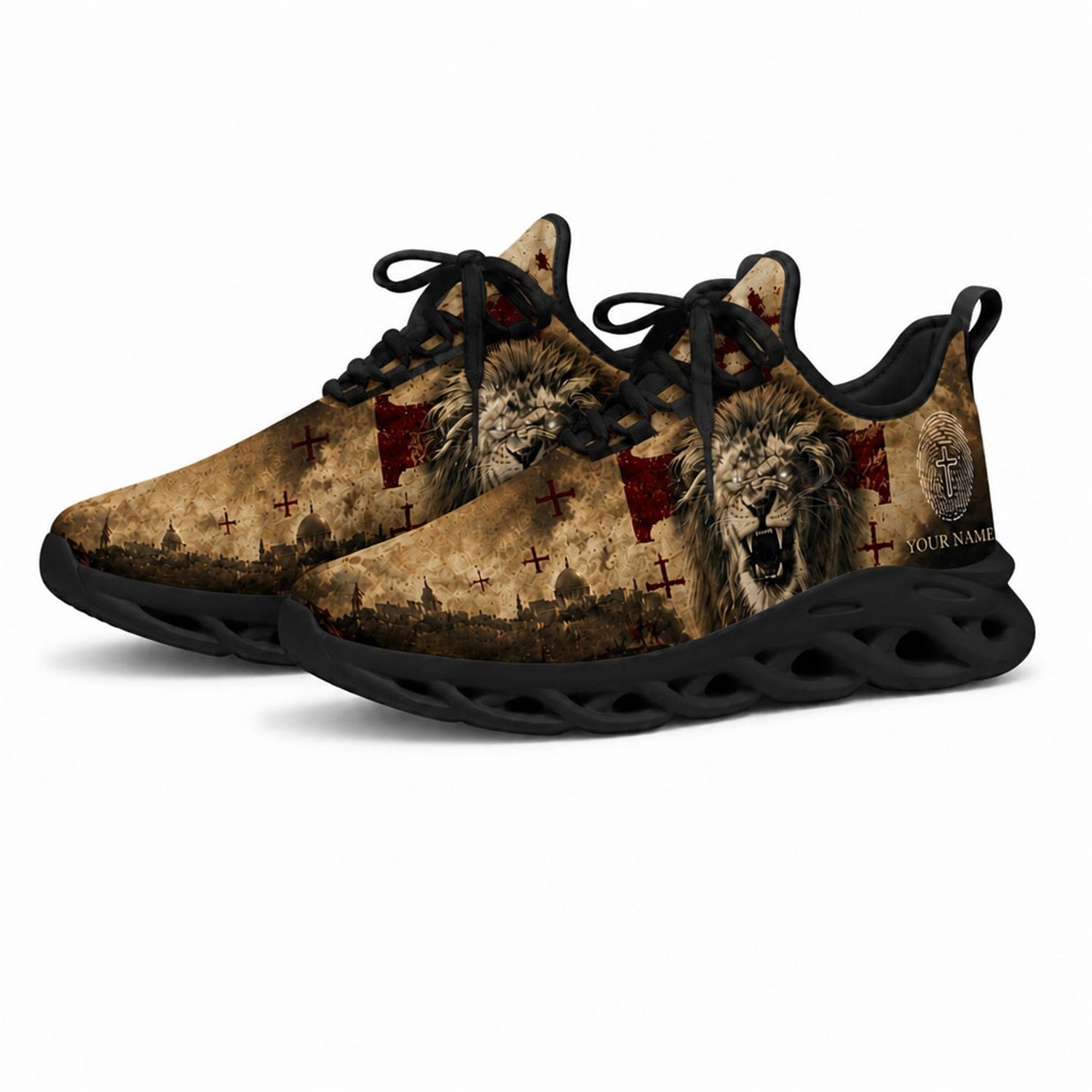 Angled studio shot of black-soled religious footwear featuring the lion design