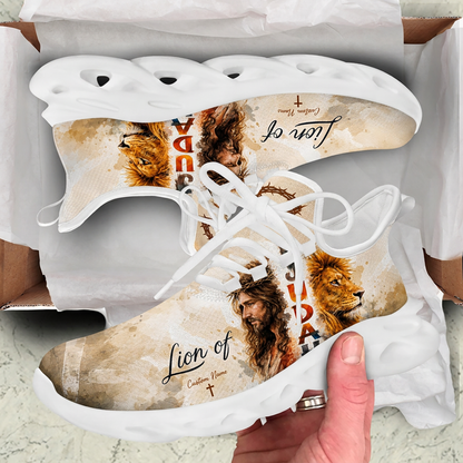 Unboxing view of Christian beige watercolor sneakers inside a cardboard shipping box with protective paper