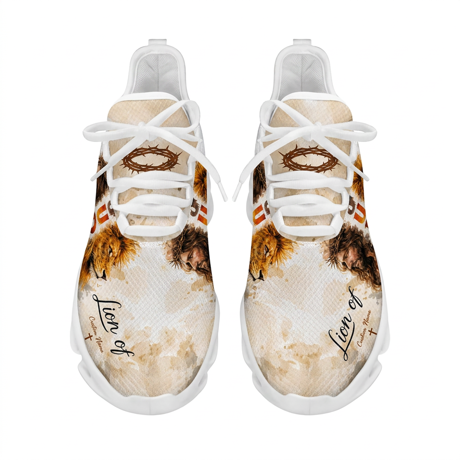 Top-down view of the custom sneakers showcasing the textured beige upper and a crown of thorns graphic on the tongue panels