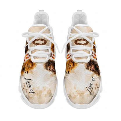 Top-down view of the custom sneakers showcasing the textured beige upper and a crown of thorns graphic on the tongue panels