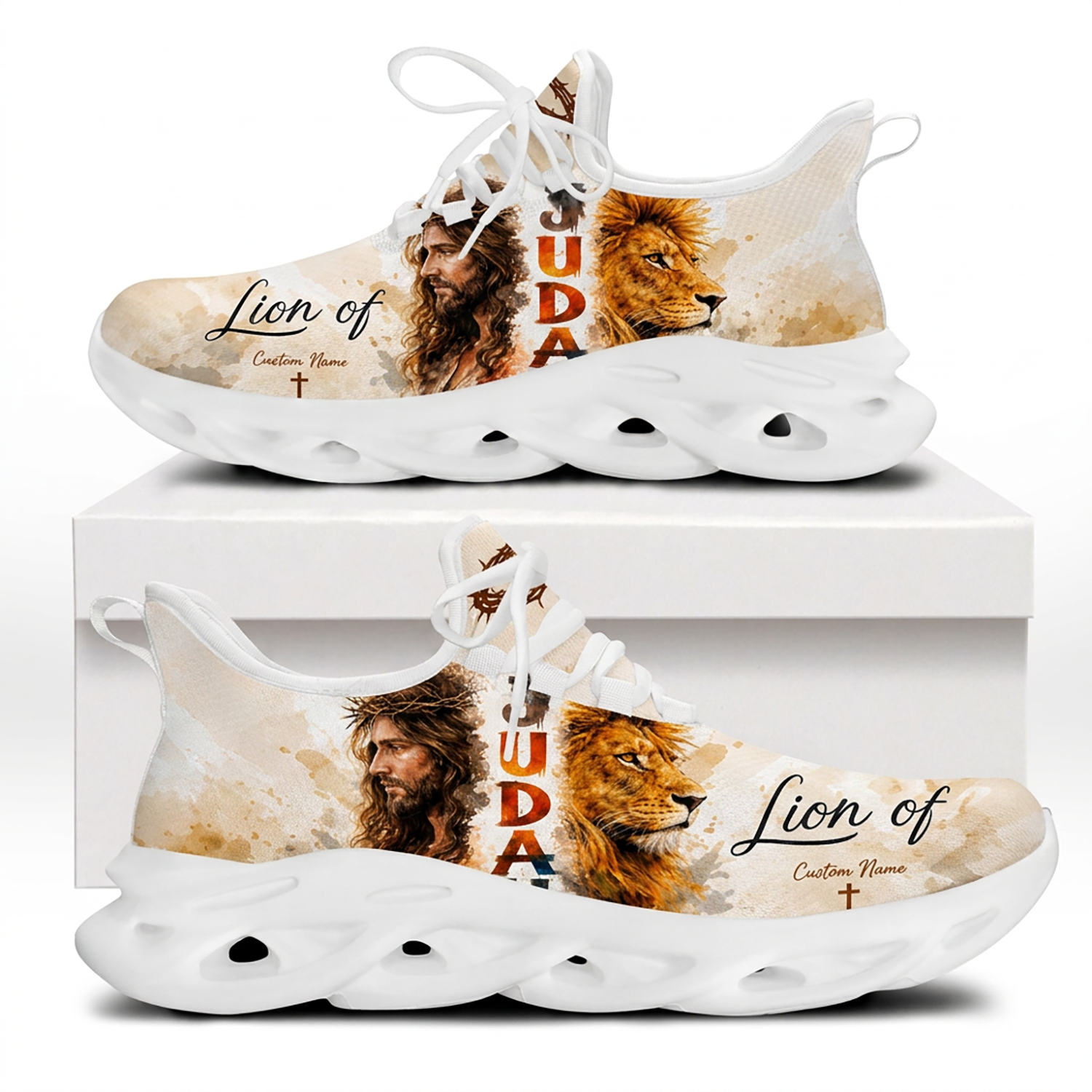 Both side views of Custom Name Lion of Judah Jesus Max Soul Shoes on white soles with beige watercolor art of Christ and a lion