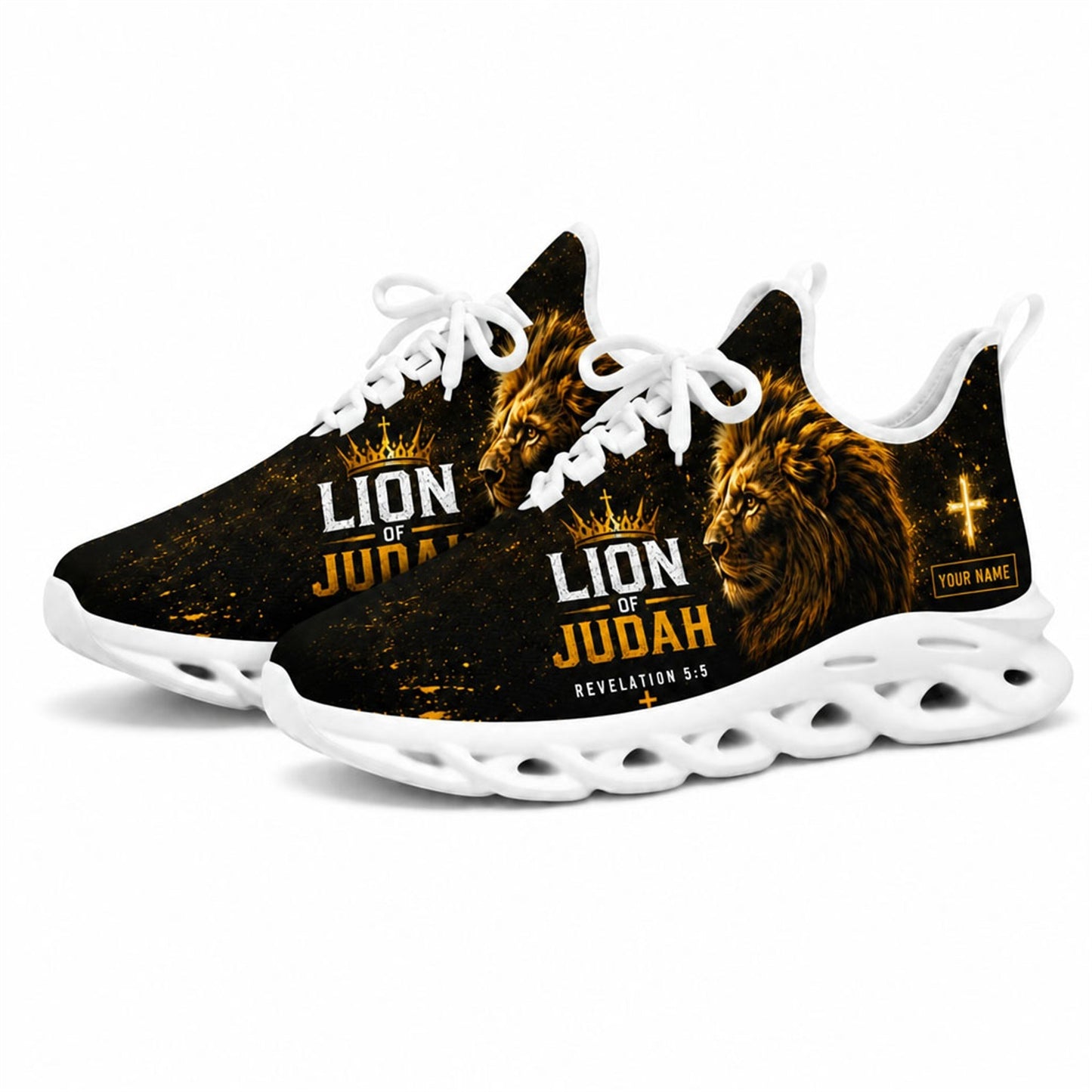 Studio 3/4 angle of gym sneakers featuring the Lion of Judah graphic on white soles
