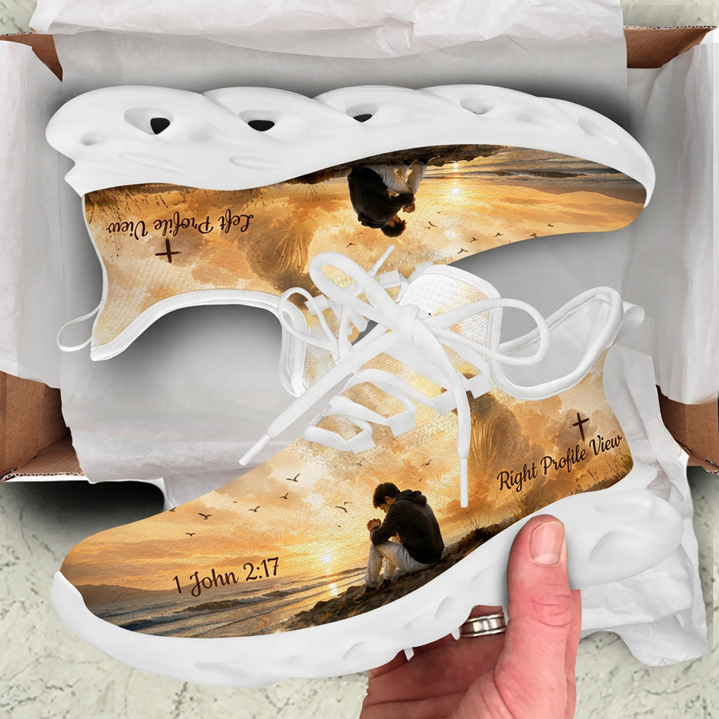 Unboxing view of Christian sunset faith sneakers presented inside a cardboard shipping box