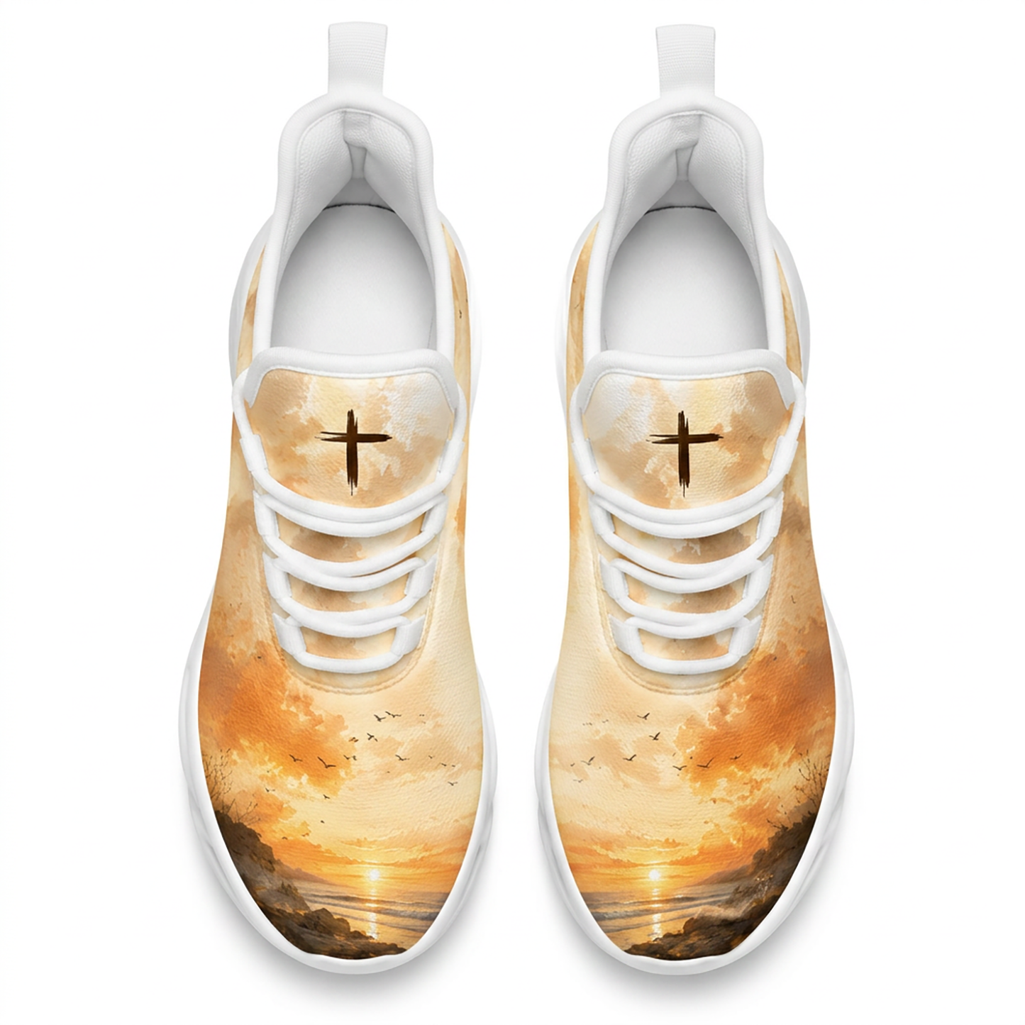 Top-down view of the custom sneakers showcasing the golden hour clouds and a dark cross emblem printed on the tongue