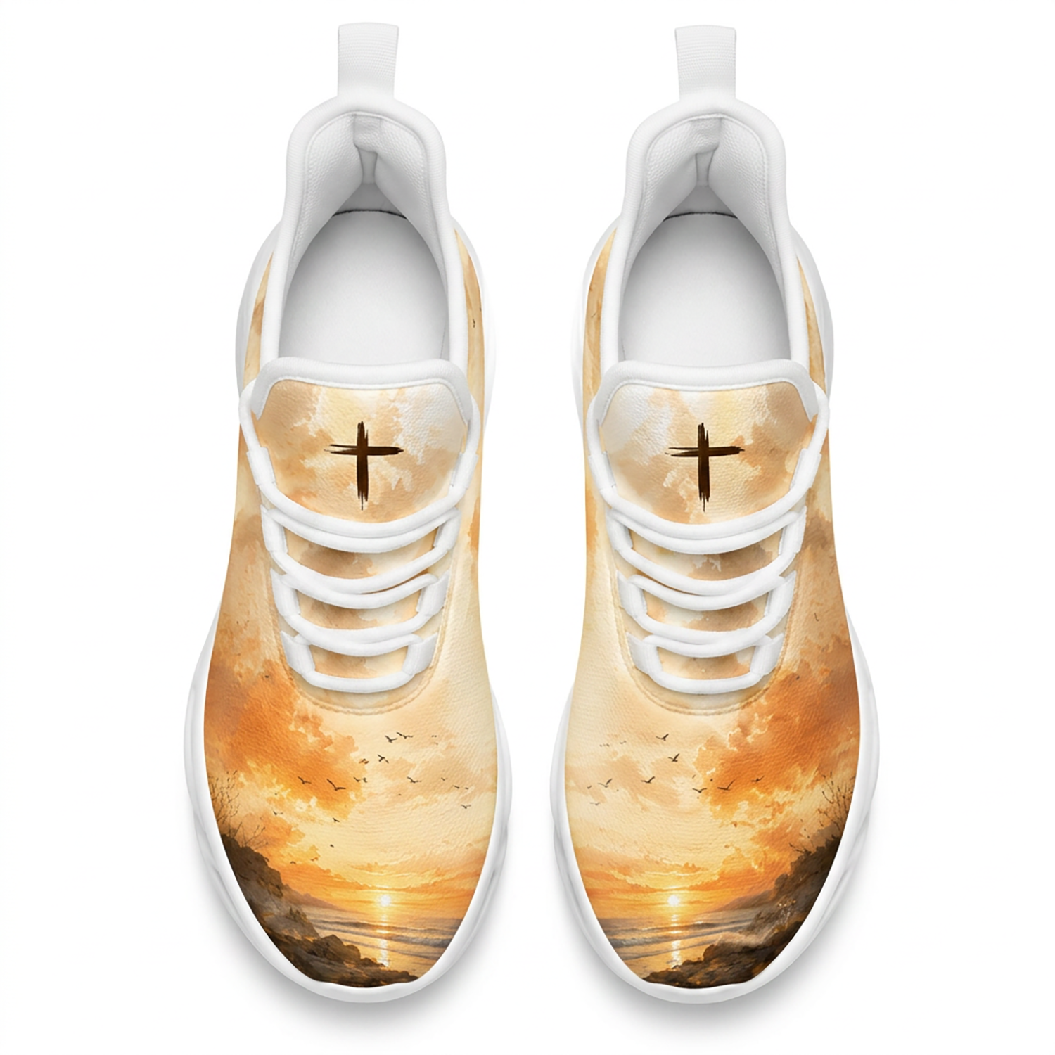 Top-down view of the custom sneakers showcasing the golden hour clouds and a dark cross emblem printed on the tongue
