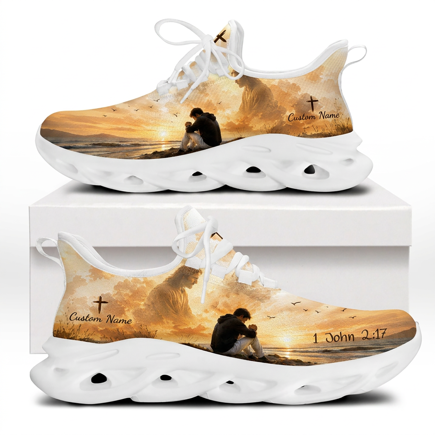 Both side views of Custom Name 1 John 2:17 Max Soul Shoes on white soles with a sunset illustration of a man praying and a translucent silhouette of Jesus
