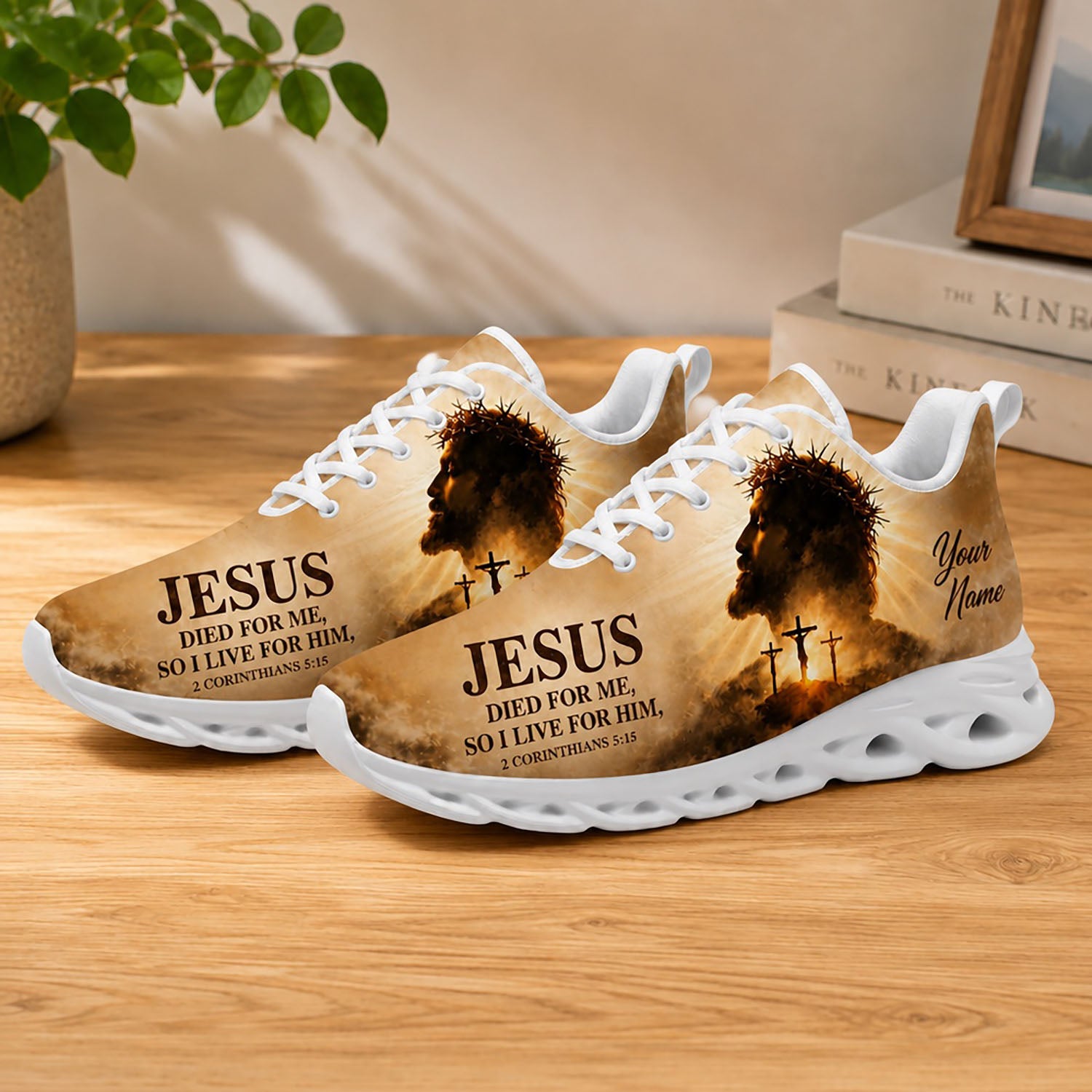 Lifestyle product photography of Custom Name 2 Corinthians 5:15 Max Soul shoes with white soles styled on a wooden tabletop