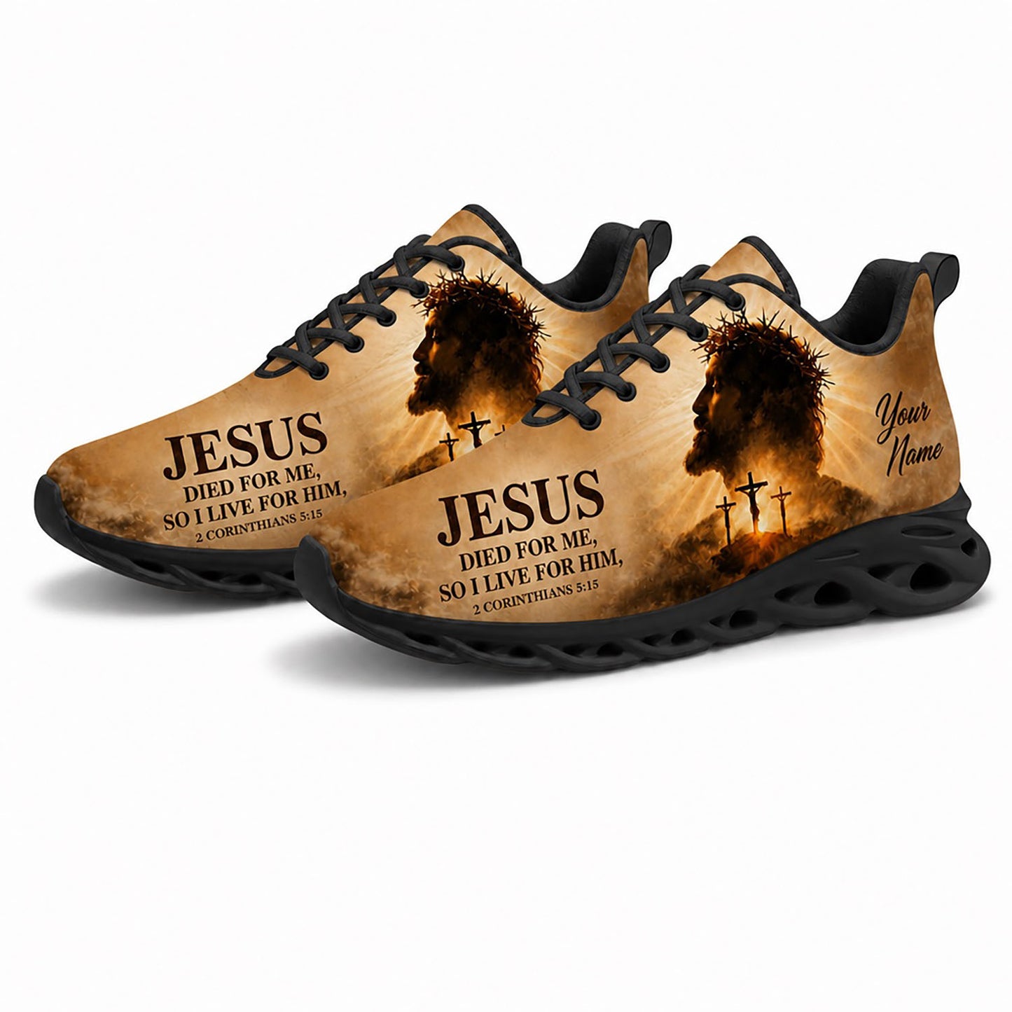 Pair of Christian sepia sneakers featuring a majestic crown of thorns print with dynamic black traction soles