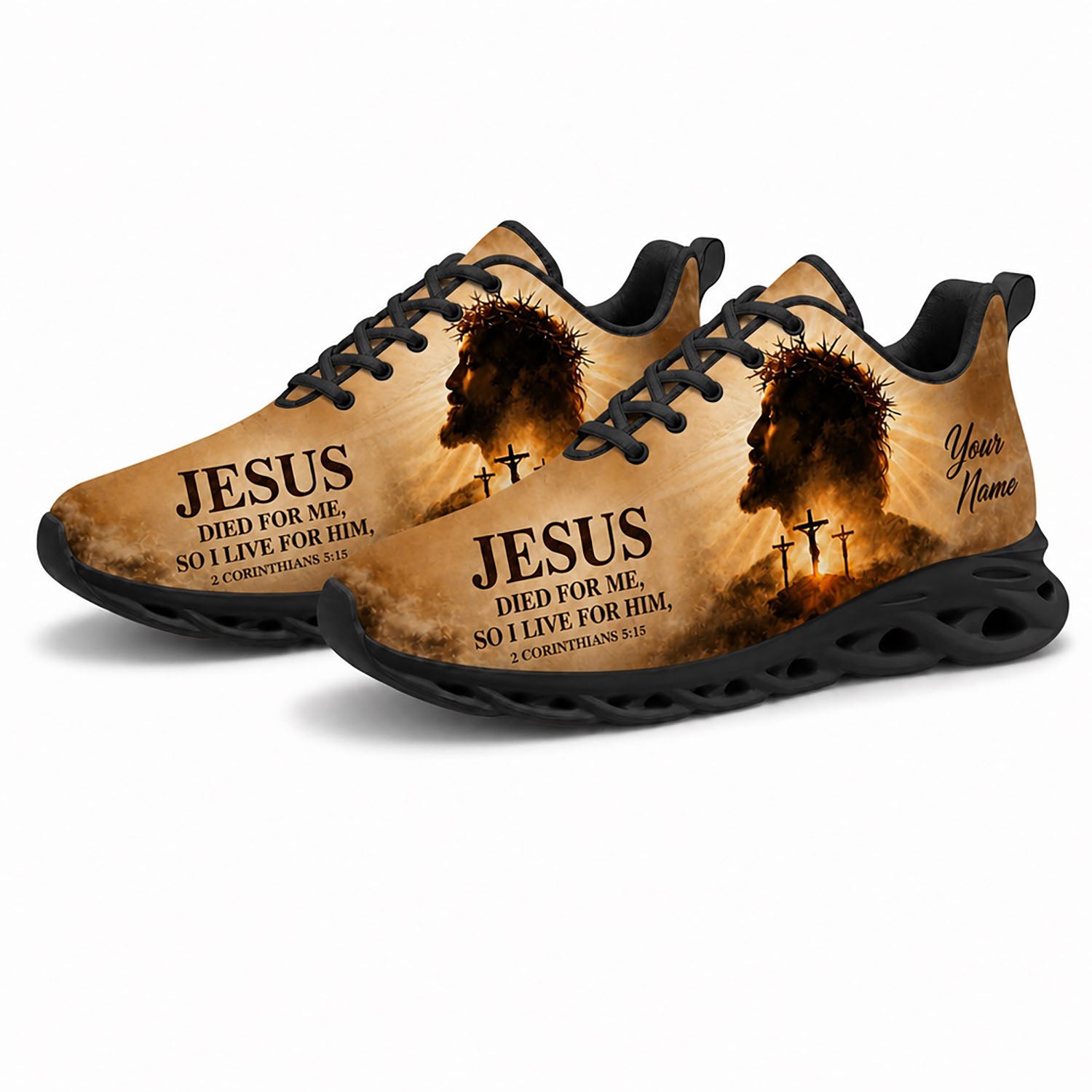Pair of Christian sepia sneakers featuring a majestic crown of thorns print with dynamic black traction soles