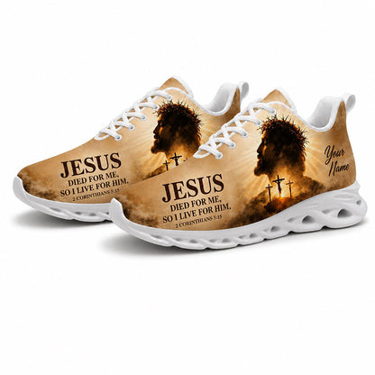 Angled pair of Christian sepia sneakers with the scripture quote Jesus died for me on clean white soles