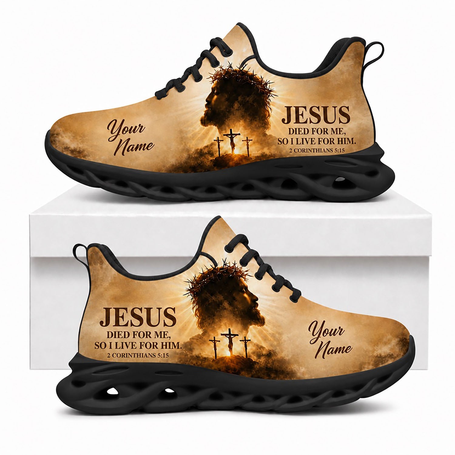 Side view of Custom Name 2 Corinthians 5:15 Max Soul Shoes on white soles highlighting personalizable name field