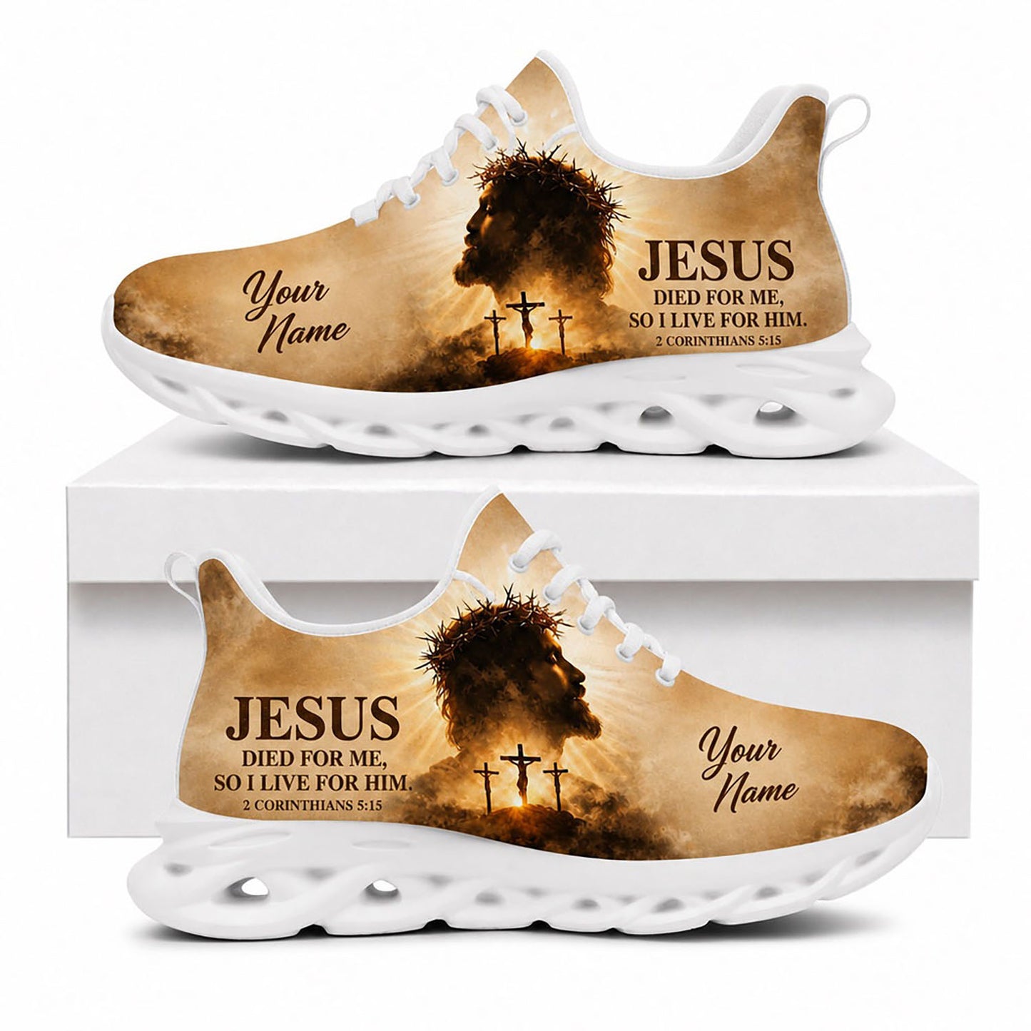Side profile of Custom Name 2 Corinthians 5:15 Max Soul Shoes on white soles with Jesus silhouette and Calvary crosses