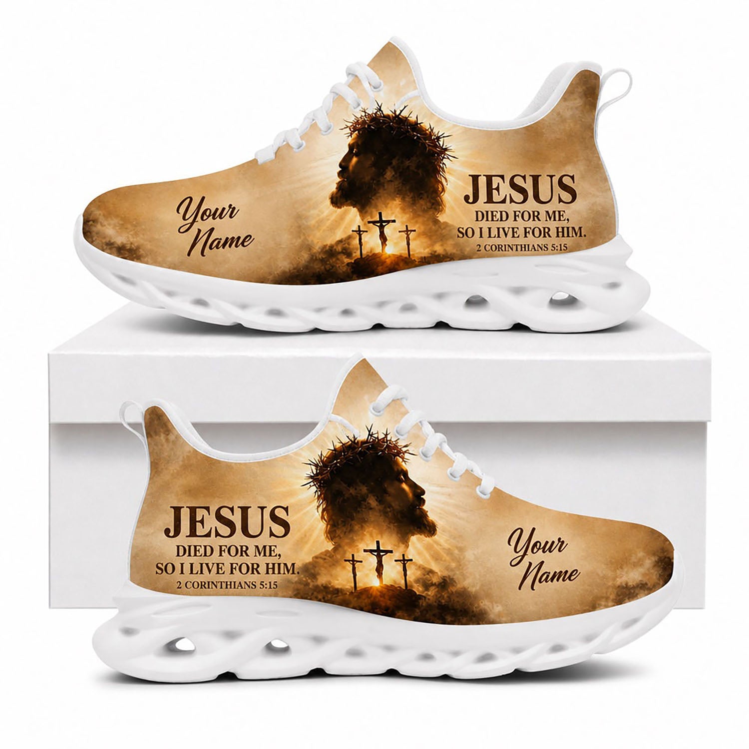 Side profile of Custom Name 2 Corinthians 5:15 Max Soul Shoes on white soles with Jesus silhouette and Calvary crosses