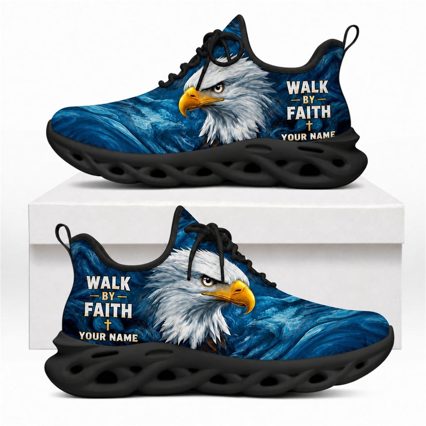Majestic bald eagle Christian shoes with Walk By Faith text and solid black wavy athletic soles