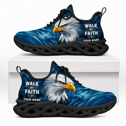 Majestic bald eagle Christian shoes with Walk By Faith text and solid black wavy athletic soles